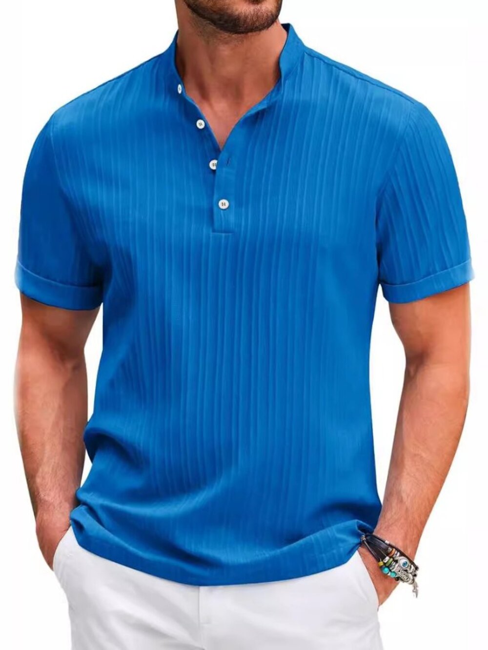 Summer Stand Collar Buttons Short Sleeve T-shirt Solid Color Stripe Polo For Men